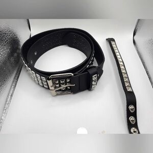 Gothic Studded Vegan  Leather Belt + Studded Bracelet Unisex -Black